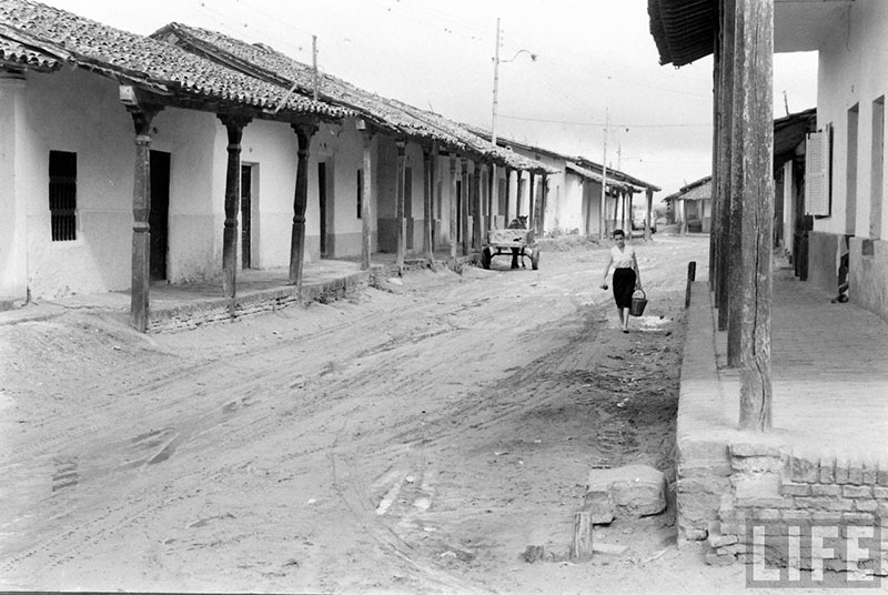         Mujer con una canasta caminando hacia la esquina de la calle
